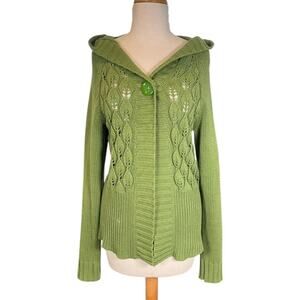 Vintage Y2K Green Cable Knit Hooded Cardigan 90s Boho Button Sweater Cottagecore